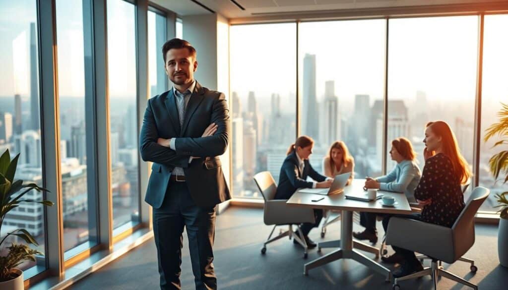 A serene and inspiring corporate office setting, with large windows overlooking a vibrant city skyline. In the foreground, an executive is standing confidently, surrounded by their team. The leader's pose conveys a sense of calm authority, their gaze focused and engaged. The team members, each with distinct personalities, are gathered around a conference table, actively collaborating and exchanging ideas. The lighting is warm and natural, casting a soft glow on the scene. The color palette features shades of blue and gray, with accents of the BlueHAT brand color. The overall atmosphere is one of professionalism, productivity, and a shared sense of purpose.