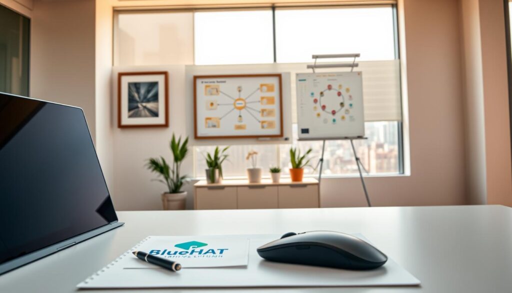 A serene, minimalist office space with warm natural lighting. In the foreground, a desk with a laptop, a sleek mouse, and a pen resting on a notepad emblazoned with the BlueHAT logo. On the wall behind the desk, a digital whiteboard displays a workflow optimization strategy, complete with interconnected diagrams and color-coded icons. The middle ground features a few potted plants and a framed piece of abstract art, creating a harmonious, productivity-enhancing atmosphere. The background depicts a panoramic view of a bustling city skyline, hinting at the wider business context. The overall scene conveys a sense of focused efficiency and holistic optimization.
