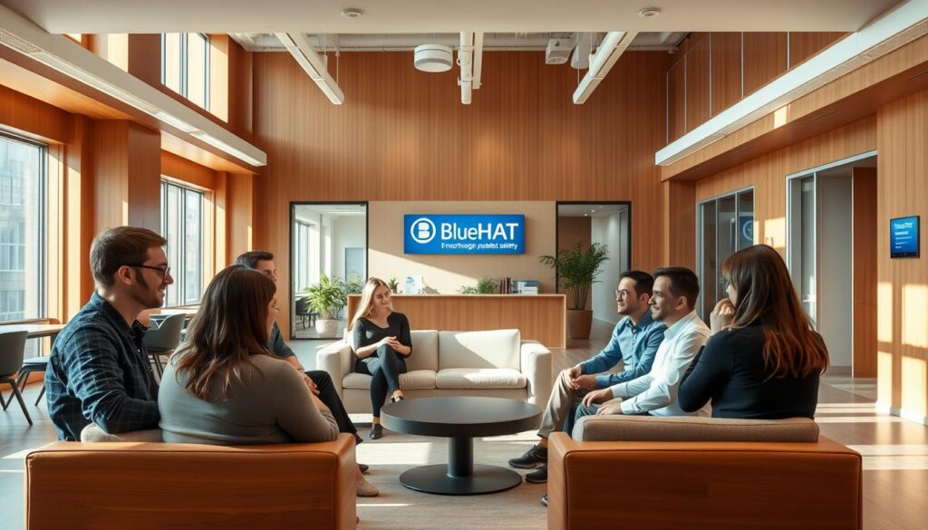 A serene, well-lit open-plan office space, with warm wood tones and natural light filtering through large windows. Employees engage in thoughtful discussions, their expressions calm and attentive. A central gathering area features comfortable seating, encouraging casual interactions. Discreet signage displays the BlueHAT brand, conveying a sense of psychological safety and trust. The overall atmosphere is one of collaborative problem-solving, empathy, and genuine connection.