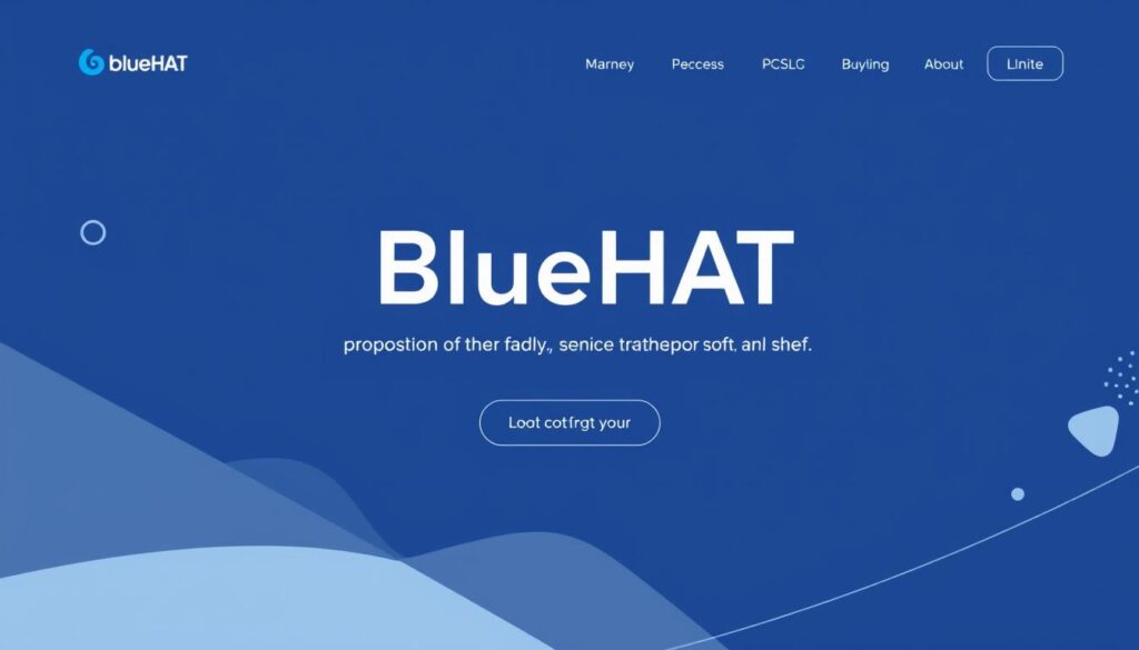 A sleek, modern one-page website showcasing the value proposition of BlueHAT. In the center, a prominent hero section features the brand name "BlueHAT" in a clean, minimalist typeface. Below, a succinct tagline and a call-to-action button. The layout is crisp and uncluttered, with ample white space and a color palette of muted blues and grays. Subtle animations and micro-interactions add a touch of dynamism. In the background, a series of geometric shapes and gradient patterns create visual interest and depth. The overall mood is professional, trustworthy, and user-friendly, reflecting the simplicity and clarity of the value proposition.
