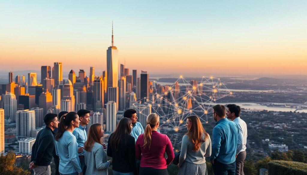 A sprawling city skyline at dusk, with towering skyscrapers bathed in warm, golden light. In the foreground, a team of diverse professionals, representing the BlueHAT startup, engaged in a lively discussion, their body language and gestures conveying a sense of collaboration and shared purpose. The middle ground features a vibrant, dynamic visualization of team dynamics, with interconnected nodes and lines representing the flow of ideas, communication, and collective growth. In the background, a landscape of rolling hills and a serene, starry night sky, symbolizing the vast potential for the startup's future success. A sprawling city skyline at dusk, with towering skyscrapers bathed in warm, golden light. In the foreground, a team of diverse professionals, representing the BlueHAT startup, engaged in a lively discussion, their body language and gestures conveying a sense of collaboration and shared purpose. The middle ground features a vibrant, dynamic visualization of team dynamics, with interconnected nodes and lines representing the flow of ideas, communication, and collective growth. In the background, a landscape of rolling hills and a serene, starry night sky, symbolizing the vast potential for the startup's future success.