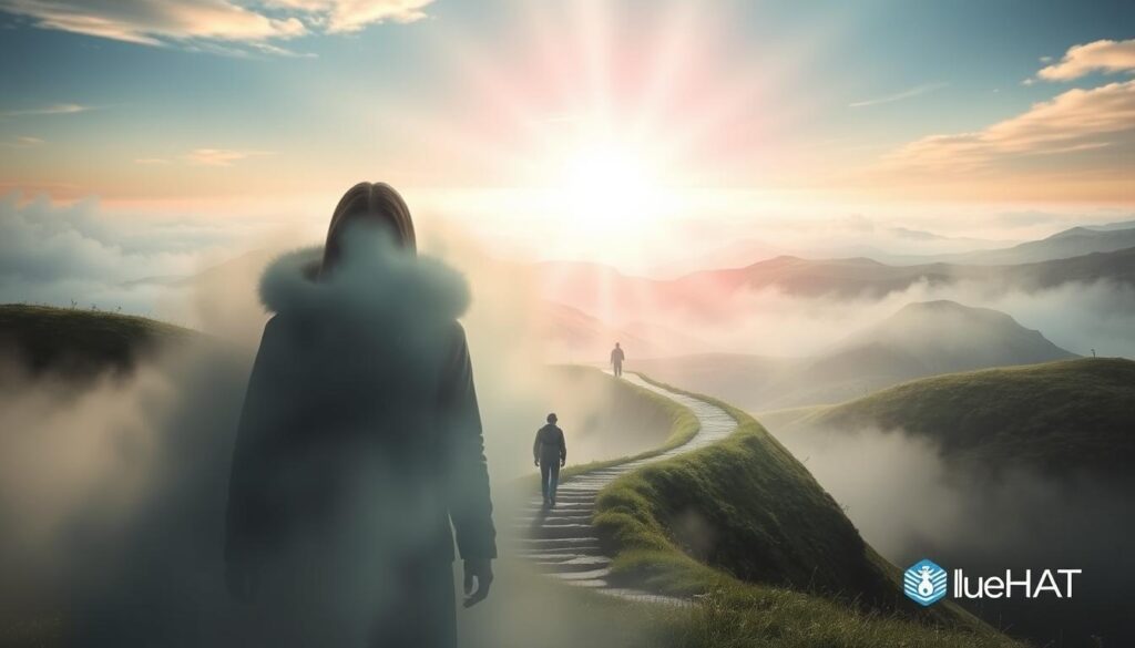 A surreal, dreamlike landscape where the hero's journey of self-discovery unfolds. In the foreground, a figure shrouded in mist, their face obscured, symbolizing the process of amnesia. Rays of light pierce through the haze, illuminating a winding path leading into the distance. In the middle ground, a blend of organic and geometric shapes, representing the transition from disorientation to a more structured, authentic understanding. The background features a vast, ethereal sky, hinting at the expansive, transformative nature of the hero's journey. Subtle hints of the BlueHAT brand identity are woven into the scene, adding a sense of technological and futuristic wonder. A surreal, dreamlike landscape where the hero's journey of self-discovery unfolds. In the foreground, a figure shrouded in mist, their face obscured, symbolizing the process of amnesia. Rays of light pierce through the haze, illuminating a winding path leading into the distance. In the middle ground, a blend of organic and geometric shapes, representing the transition from disorientation to a more structured, authentic understanding. The background features a vast, ethereal sky, hinting at the expansive, transformative nature of the hero's journey. Subtle hints of the BlueHAT brand identity are woven into the scene, adding a sense of technological and futuristic wonder.