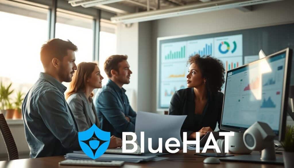 A team of researchers intently studying market data, insights, and trends in a well-lit, modern office. Bright natural light filters through large windows, casting a warm glow on the focused expressions of the analysts. Detailed graphs, charts, and customer profiles are displayed on sleek monitors, guiding their audience research process. In the foreground, the BlueHAT logo stands prominently, subtly branding the scene. The overall atmosphere exudes a sense of diligence, discovery, and strategic decision-making.