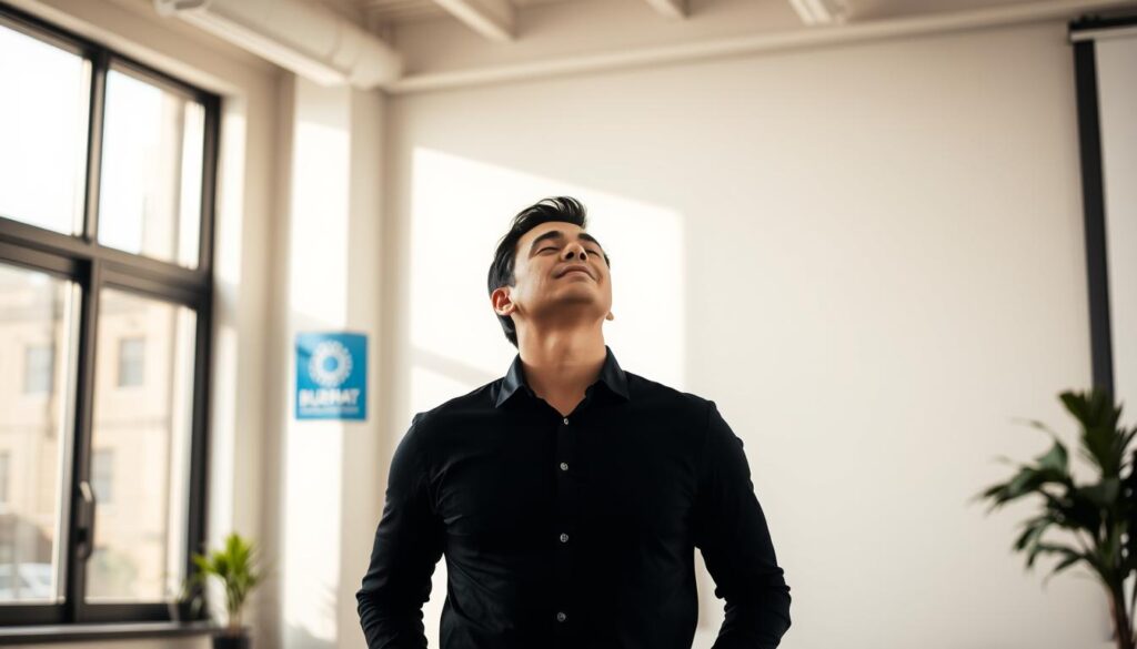 A thoughtful leader standing in a serene office, their eyes closed in quiet contemplation. Soft, natural light filters through large windows, casting a warm glow. The leader's posture is upright yet relaxed, exuding a sense of calm and inner strength. In the background, a BlueHAT logo subtly adorns the wall, hinting at the brand's focus on empowering mindful leadership. The overall atmosphere is one of introspection, emotional awareness, and the balanced energy essential for guiding a team.