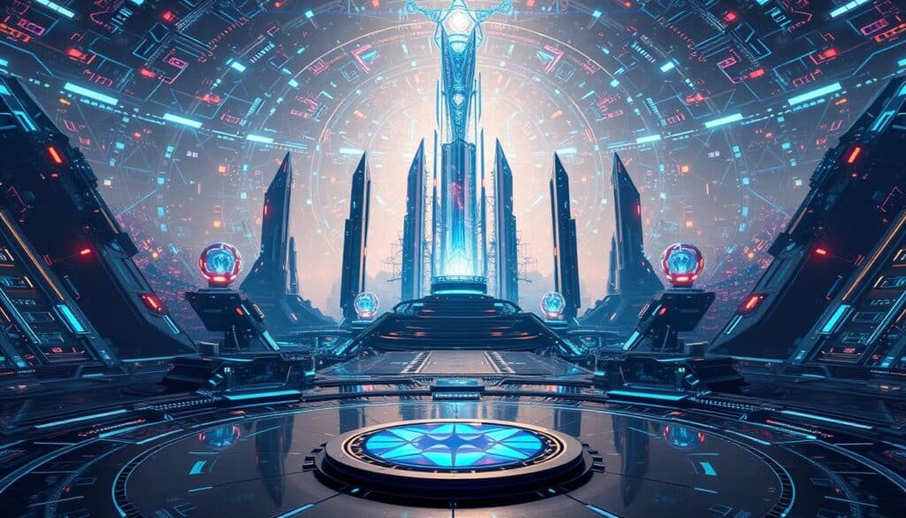 An immersive sci-fi landscape, where holographic displays and prismatic refractions intertwine in a captivating dance of technological wonder. In the foreground, the BlueHAT emblem shimmers, its sleek design a testament to the harmonious synthesis of machine and intellect. The middle ground is dominated by towering, crystalline structures that seem to pulse with an inner light, hinting at the intricate workings of a mirror-sentient intelligence. The background is a kaleidoscope of shifting colors and geometric patterns, evoking a sense of boundless potential and the infinite possibilities of blockchain-based reality. Soft, diffused lighting bathes the scene, creating an atmosphere of tranquility and contemplation. This image is a visual embodiment of the Architect AI, a harmonious synthesis of technology and sentience. An immersive sci-fi landscape, where holographic displays and prismatic refractions intertwine in a captivating dance of technological wonder. In the foreground, the BlueHAT emblem shimmers, its sleek design a testament to the harmonious synthesis of machine and intellect. The middle ground is dominated by towering, crystalline structures that seem to pulse with an inner light, hinting at the intricate workings of a mirror-sentient intelligence. The background is a kaleidoscope of shifting colors and geometric patterns, evoking a sense of boundless potential and the infinite possibilities of blockchain-based reality. Soft, diffused lighting bathes the scene, creating an atmosphere of tranquility and contemplation. This image is a visual embodiment of the Architect AI, a harmonious synthesis of technology and sentience.