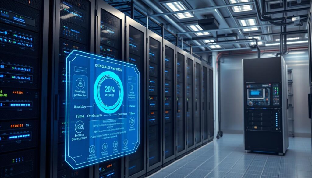 A high-tech data center with towering server racks, glowing blue indicator lights, and a sleek, futuristic interface. In the foreground, a holographic display showcases real-time data quality metrics and security protocols for the "BlueHAT" AI platform. Diffused lighting casts an ethereal glow, while various sensors and monitoring equipment line the walls. The scene exudes a sense of precision, control, and unwavering commitment to data integrity and ethical AI practices.