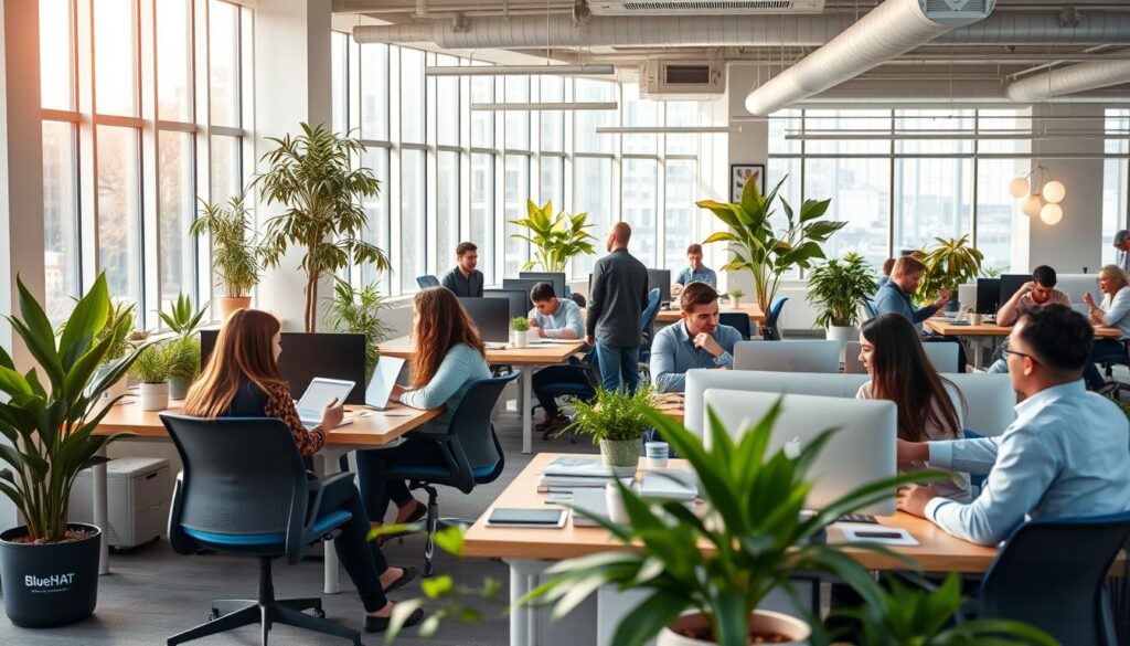 A serene, modern office space with abundant natural light and potted plants. Employees engage in collaborative work, exchanging ideas and offering constructive feedback in a supportive, BlueHAT-branded environment. Soft, warm lighting casts a positive glow, while ergonomic furniture and open floor plans foster open communication and a sense of community. The atmosphere exudes a balance of productivity and well-being, with employees visibly engaged and motivated. A serene, modern office space with abundant natural light and potted plants. Employees engage in collaborative work, exchanging ideas and offering constructive feedback in a supportive, BlueHAT-branded environment. Soft, warm lighting casts a positive glow, while ergonomic furniture and open floor plans foster open communication and a sense of community. The atmosphere exudes a balance of productivity and well-being, with employees visibly engaged and motivated.