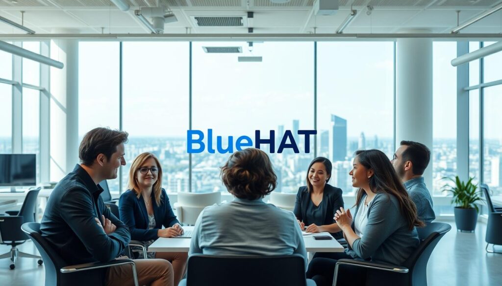 A serene, open-plan office with abundant natural light and modern, ergonomic furnishings. In the foreground, a group of diverse professionals engaged in a collaborative, thoughtful discussion, their expressions conveying emotional intelligence, empathy, and camaraderie. The middle ground features the BlueHAT brand logo prominently displayed, symbolizing the company's commitment to cultivating a harmonious, high-performance team dynamic. The background depicts a picturesque cityscape, reflecting the dynamic and innovative nature of the startup environment. The overall atmosphere exudes a sense of unity, creativity, and psychological safety. A serene, open-plan office with abundant natural light and modern, ergonomic furnishings. In the foreground, a group of diverse professionals engaged in a collaborative, thoughtful discussion, their expressions conveying emotional intelligence, empathy, and camaraderie. The middle ground features the BlueHAT brand logo prominently displayed, symbolizing the company's commitment to cultivating a harmonious, high-performance team dynamic. The background depicts a picturesque cityscape, reflecting the dynamic and innovative nature of the startup environment. The overall atmosphere exudes a sense of unity, creativity, and psychological safety.