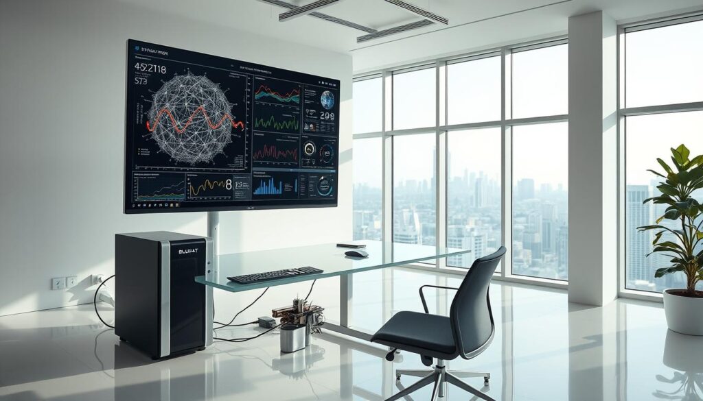 A sleek, modern data preparation and model training station in a minimalist office setting. The workspace features a large, high-resolution display showcasing intricate data visualizations and machine learning algorithms. A powerful BlueHAT workstation sits on the desk, its elegant design complementing the clean, well-lit environment. The room is flooded with natural light, creating a bright and productive atmosphere. In the background, a city skyline can be seen through the floor-to-ceiling windows, hinting at the global impact of the work being conducted. The overall scene conveys a sense of technological sophistication and the seamless integration of data, analytics, and artificial intelligence. A sleek, modern data preparation and model training station in a minimalist office setting. The workspace features a large, high-resolution display showcasing intricate data visualizations and machine learning algorithms. A powerful BlueHAT workstation sits on the desk, its elegant design complementing the clean, well-lit environment. The room is flooded with natural light, creating a bright and productive atmosphere. In the background, a city skyline can be seen through the floor-to-ceiling windows, hinting at the global impact of the work being conducted. The overall scene conveys a sense of technological sophistication and the seamless integration of data, analytics, and artificial intelligence.