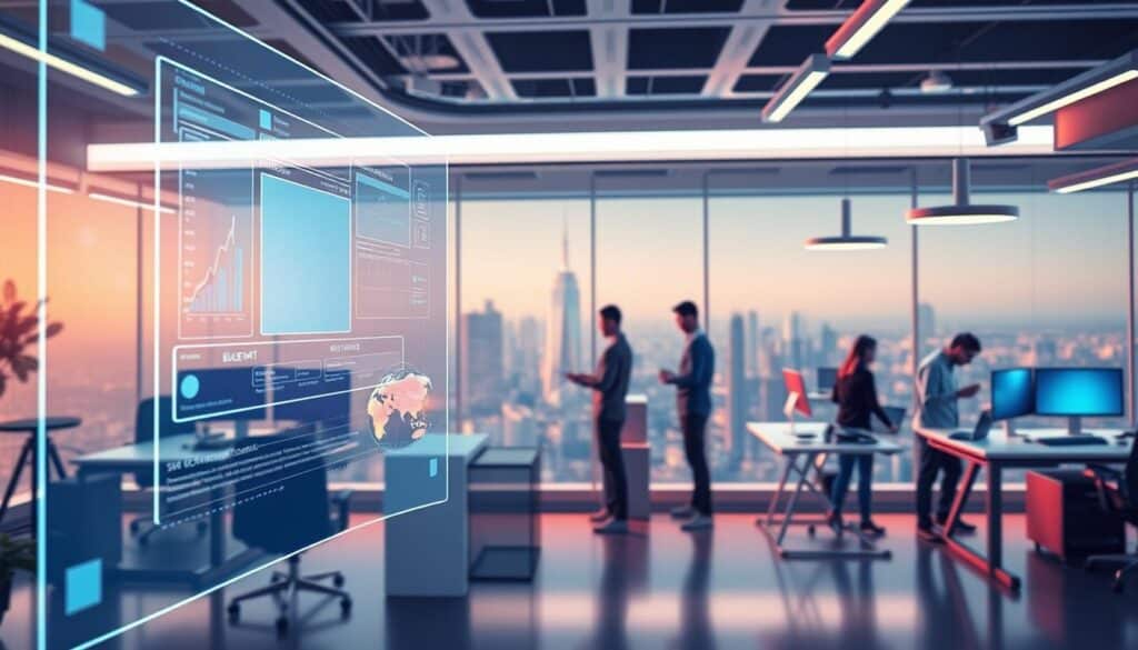 A vibrant, futuristic workspace with a lean, streamlined AI development process. In the foreground, a holographic display showcases a sleek, minimalist user interface, embodying the BlueHAT brand's focus on efficiency and user-centric design. The middle ground features a team of developers collaborating at standing desks, their expressions focused as they refine the AI algorithms. The background depicts a panoramic cityscape, hinting at the startup's ambitious global aspirations. Soft, directional lighting illuminates the scene, creating a sense of purpose and dynamism. The overall atmosphere conveys a sense of innovation, agility, and the relentless pursuit of technological excellence.