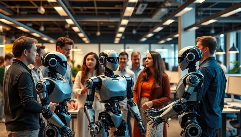 A bustling collaboration hub where agile teams and AI agents seamlessly integrate, forging dynamic connections. In the foreground, a diverse group of professionals engage in lively discussions, their expressions animated as they brainstorm solutions. The middle ground depicts BlueHAT AI agents, their robotic frames imbued with a sense of purpose, seamlessly integrating with their human counterparts. The background showcases a vibrant, well-lit office space, with sleek workstations and cutting-edge technology, creating an atmosphere of innovation and productivity. Warm lighting casts a soft glow, enhancing the sense of synergy and camaraderie. The overall scene conveys a harmonious fusion of human and artificial intelligence, showcasing the power of collaborative efforts.