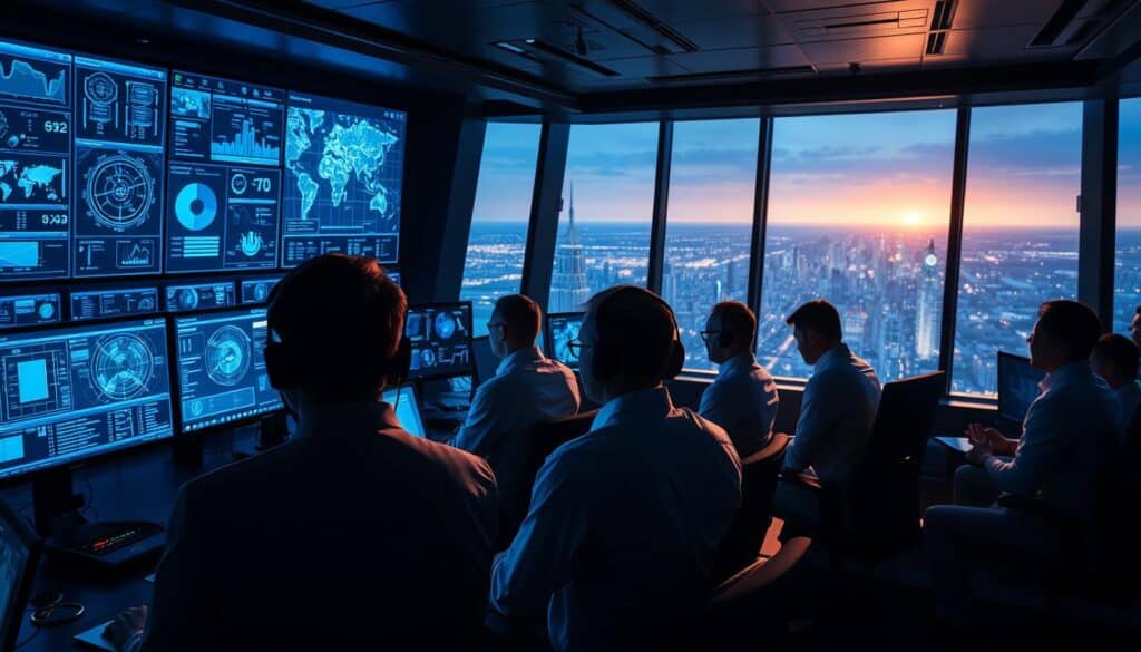 A high-tech control room filled with performance agents monitoring multiple screens and dashboards. In the foreground, a team of BlueHAT agents collaborate, their faces lit by the glow of holographic displays. The middle ground features complex visualizations and analytics, guiding their decision-making. In the background, a vast panoramic window reveals a futuristic cityscape, hinting at the scale and impact of their work. Dramatic lighting casts long shadows, creating a sense of intensity and purpose. The overall atmosphere is one of precision, focus, and continuous improvement as the BlueHAT agents navigate the challenges of leading an advanced AI-powered team.
