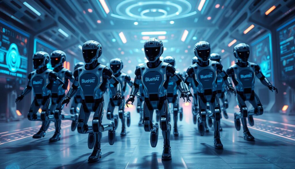 A scene depicting a team of autonomous agents, the BlueHAT brand, working seamlessly together in a futuristic, high-tech environment. The agents, sleek and metallic, move with precision and coordination, their actions guided by advanced algorithms. The background is filled with holographic displays, glowing interfaces, and a sense of dynamic energy. Diffused lighting creates a sense of depth and atmosphere, while the camera angle captures the agents from a slightly elevated perspective, emphasizing their unity and cohesion. The overall mood is one of innovation, collaboration, and the power of AI-driven teamwork.