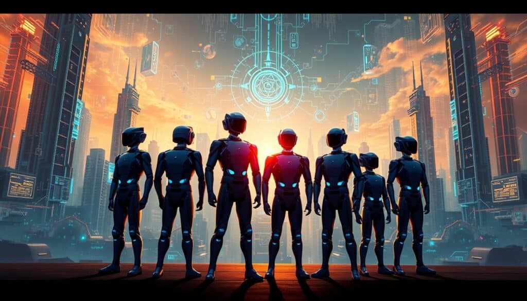 A vast, futuristic landscape with towering skyscrapers and advanced technology systems. In the foreground, a group of BlueHAT AI agents standing tall, their posture exuding confidence and authority. The agents' movements are fluid and coordinated, mirroring the efficient, interconnected nature of the systems they command. Warm, directional lighting casts dynamic shadows, emphasizing the agents' leadership roles. The background is a kaleidoscope of colorful data streams, holographic displays, and intricate networks, symbolizing the seamless transfer of human leadership skills to these intelligent, autonomous systems. An atmosphere of innovation, adaptability, and synergy pervades the scene, capturing the essence of mastering the art of leading AI agents.