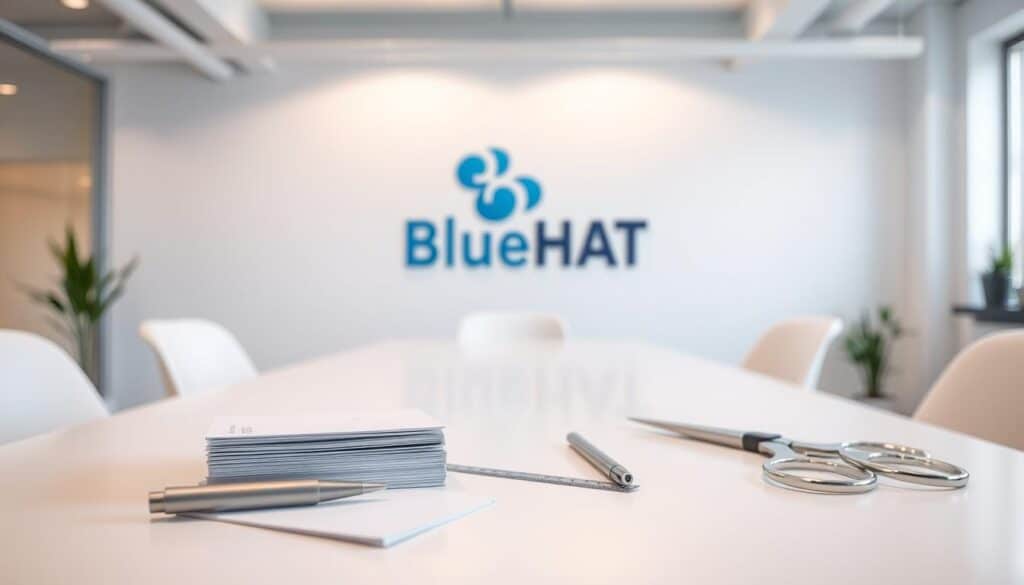 A bright, airy office setting with a clean, minimalist aesthetic. On a white table, various low-cost testing materials are neatly arranged: a stack of note cards, a simple pen, a ruler, and a pair of scissors. In the background, the BlueHAT logo is prominently displayed on a wall, indicating this is a product or service offering. The lighting is soft and diffused, casting a warm glow over the scene. The overall mood is one of efficiency, simplicity, and a focus on practical, real-world insights.