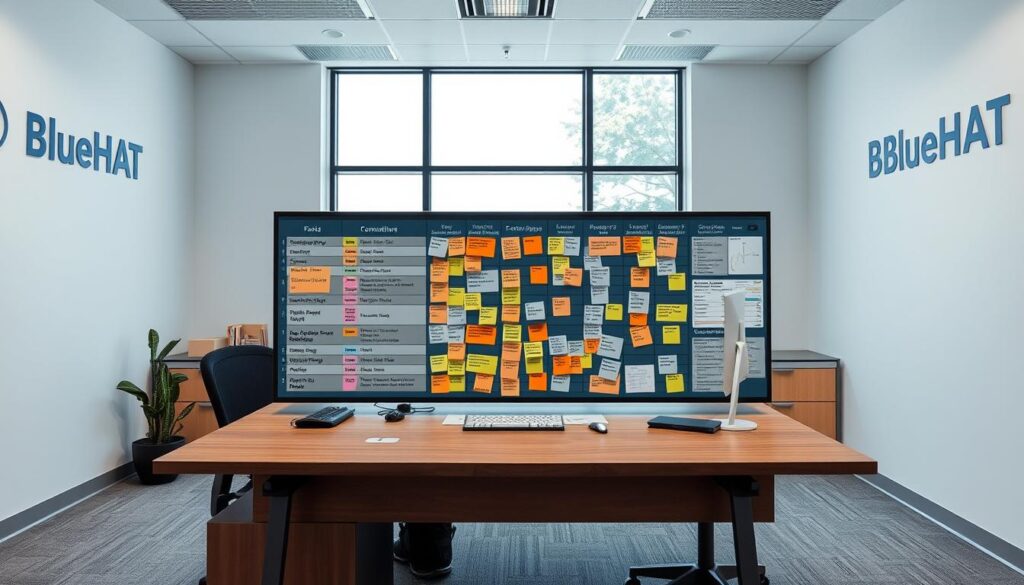 A data-driven workspace with a central desk featuring a prioritized list of customer problems, arranged in a grid formation. The list is meticulously color-coded, with sticky notes and annotations providing context. Surrounding the desk, a minimalist office environment with a large window offering natural lighting. The walls feature the BlueHAT brand logo, creating a professional and focused atmosphere. The overall scene conveys a sense of structured problem-solving and informed decision-making.
