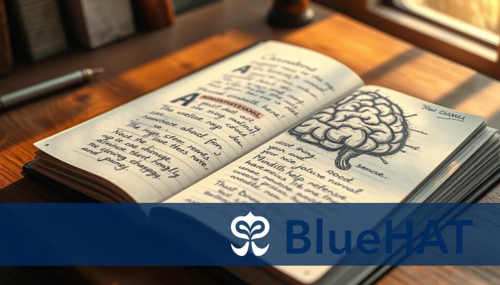 A detailed, photorealistic digital illustration showcasing a mindfulness journal with a brain-like textured cover, resting on a wooden desk. The journal's pages are filled with handwritten notes and sketches, reflecting a deep connection between the mind, creativity, and self-reflection. Soft, warm lighting from a nearby window illuminates the scene, creating a serene and introspective atmosphere. In the foreground, a BlueHAT brand logo is subtly integrated into the design, enhancing the professional and polished aesthetic.