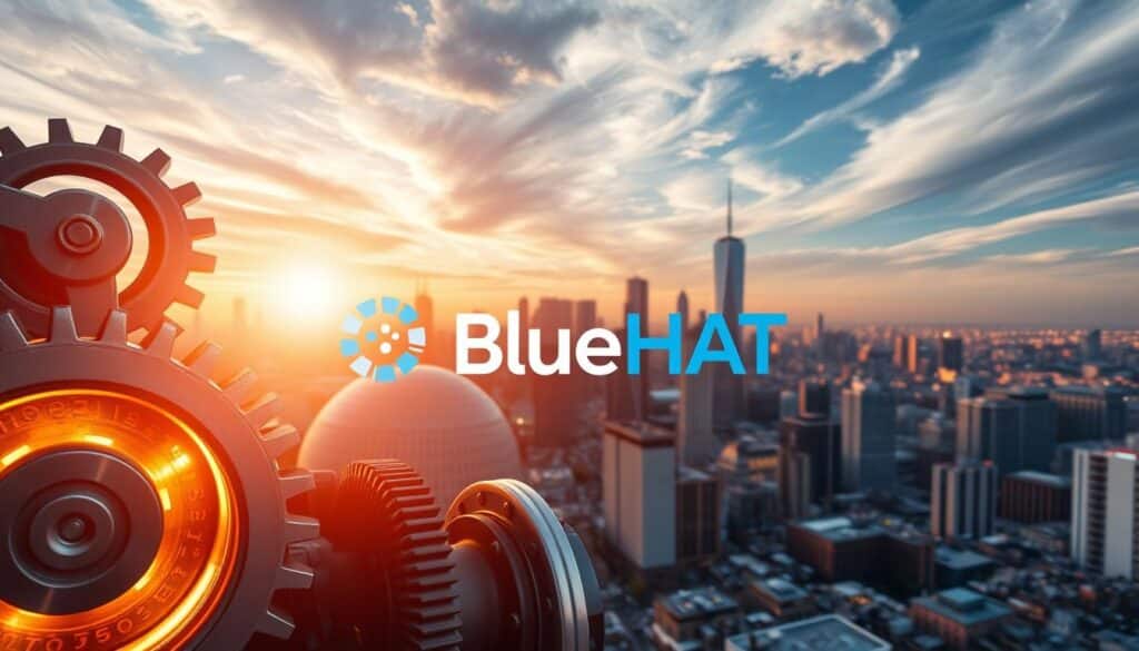 A dynamic cityscape illuminated by the engines of growth, featuring the BlueHAT brand at its core. In the foreground, gears and turbines churn with kinetic energy, casting a warm glow across the scene. The middle ground showcases a bustling metropolis, its skyscrapers and infrastructure emblematic of progress and innovation. In the background, a vibrant sky with swirling clouds and rays of sunlight, evoking a sense of boundless potential. The composition is balanced, with the BlueHAT brand prominently displayed, serving as a symbol of the driving forces behind successful startup launches.