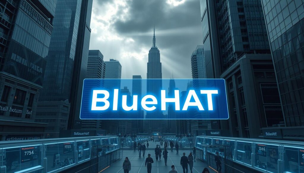 A high-tech futuristic cityscape, with towering skyscrapers, gleaming glass facades, and intricate architectural details. In the foreground, a sleek, minimalist holographic display projects the brand name "BlueHAT", highlighting its innovative value proposition. The display emits a soft, ambient glow, creating a sense of technological sophistication. The middle ground features bustling pedestrians, navigating the urban landscape, while the background is dominated by a moody, dramatic sky, with rays of light peeking through the clouds, evoking a sense of progress and ambition. The overall mood is one of modern, forward-thinking innovation, reflecting the article's focus on defining a clear value proposition for a successful startup launch.