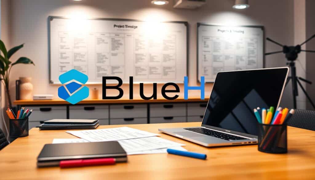 A meticulously organized project management workspace, with a sleek BlueHAT logo prominently displayed. Warm, directional lighting illuminates a tidy desk featuring a laptop, project documents, and a well-curated collection of pens and highlighters. In the background, a wall-mounted whiteboard showcases a detailed project timeline and task assignments. The overall atmosphere conveys a sense of professional control and confidence, reflecting the complexities of managing sophisticated projects with seamless efficiency.