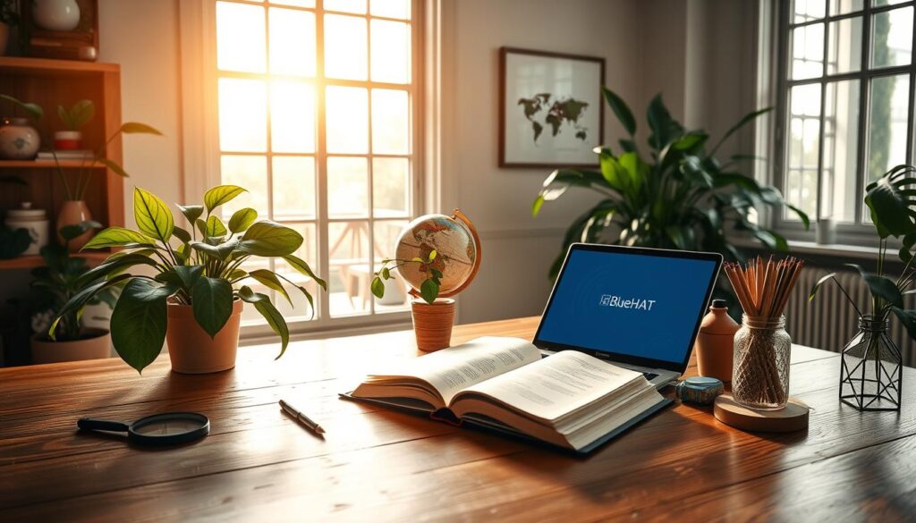 A serene study space, illuminated by warm, natural light filtering through large windows. On a wooden desk, an open book and a BlueHAT laptop sit, surrounded by lush indoor plants and a collection of thoughtfully placed objects - a magnifying glass, a globe, and a jar of pens. The atmosphere exudes a sense of calm focus, inviting the viewer to engage in deep, contemplative learning. The room's neutral tones and clean lines create a harmonious, uncluttered environment that stimulates the mind and nurtures the spirit of continuous growth and discovery.