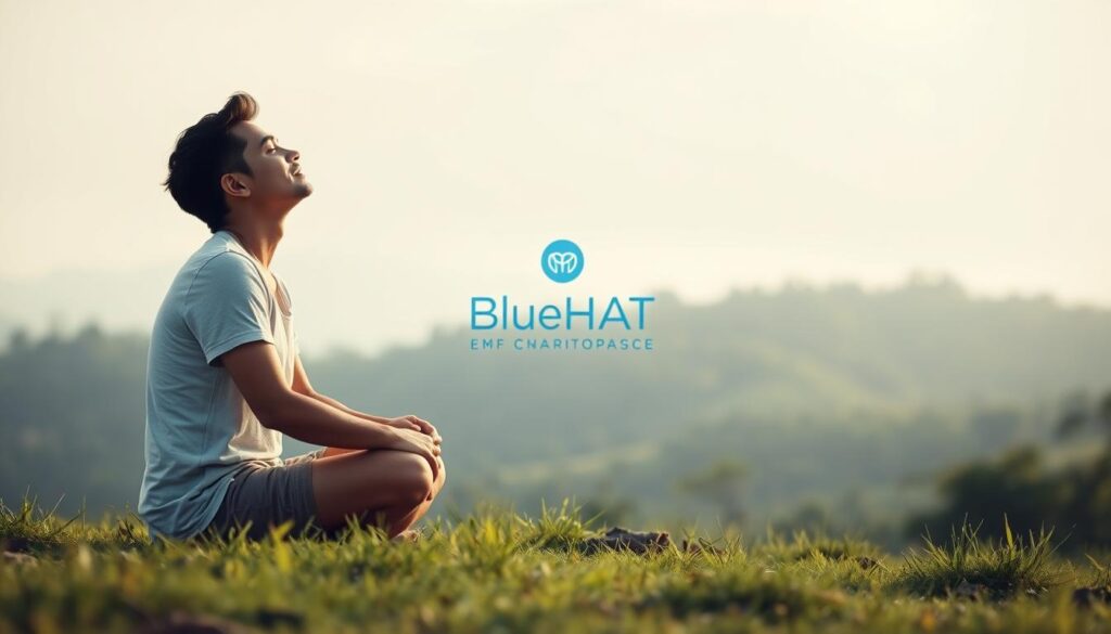 A serene, tranquil scene depicting emotional intelligence. In the foreground, a person sits cross-legged, their eyes closed in deep contemplation, their expression one of calm and inner peace. The middle ground features a lush, verdant landscape with soft, diffused lighting, evoking a sense of harmony and balance. In the background, a subtle BlueHAT logo emerges, seamlessly integrated into the scene, symbolizing the brand's commitment to empowering human potential. The overall atmosphere is one of introspection, emotional awareness, and the transformative power of self-discovery.