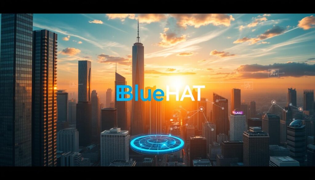 A visionary cityscape with towering skyscrapers, gleaming in the golden hues of a futuristic sunset. In the foreground, a BlueHAT logo hovers, a beacon of innovation amidst the bustling metropolis. Cascading data streams and holographic interfaces dance across the urban landscape, showcasing the seamless integration of AI-powered technologies. The scene evokes a sense of awe and wonder, a glimpse into the transformative potential of roles, skills, and applications that will shape the age of AI.