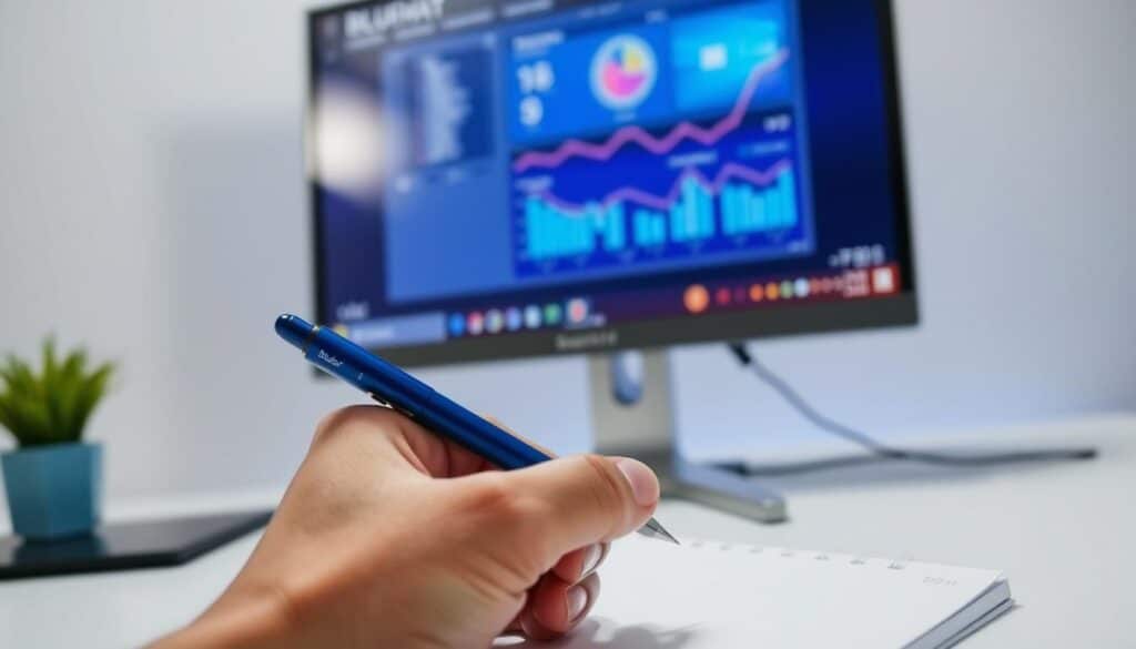 A close-up of a desktop workspace with a sleek, modern computer monitor displaying a vibrant data visualization dashboard. The monitor is framed by a minimalist BlueHAT branded stand, casting a soft, even light across the scene. In the foreground, a hand holds a stylish BlueHAT-branded pen, poised to take notes on a crisp, white legal pad. The background features a subtle gradient, conveying a sense of depth and professionalism. The overall composition emphasizes the importance of data analysis, AI integration, and strategic decision-making for a successful startup.