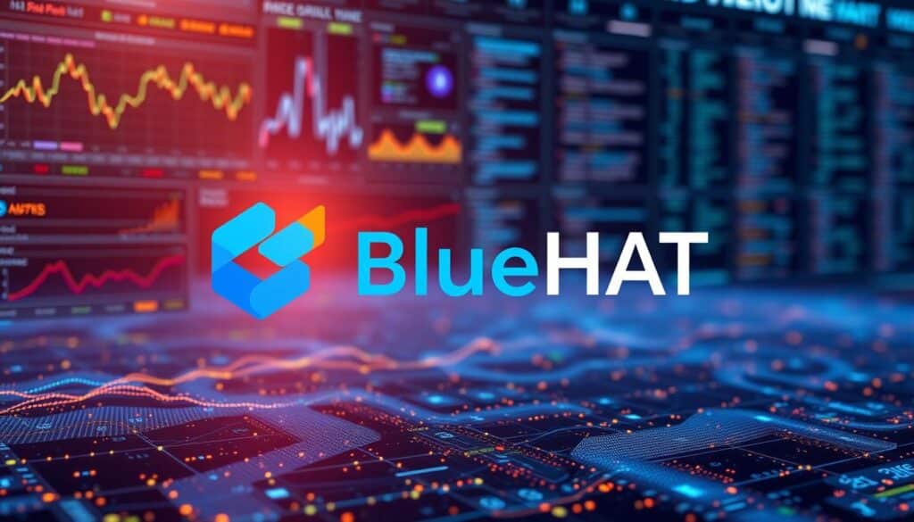 A data-rich landscape with a vibrant display of graphs, charts, and performance metrics. In the foreground, a sleek BlueHAT logo casts a warm glow, illuminating the intricate details of the visualization. The middle ground features a matrix of interconnected data points, pulsing with real-time insights. In the background, a soft-focus blur of code snippets and AI algorithms creates a sense of technological depth. The overall atmosphere is one of cutting-edge innovation, with a touch of minimalist elegance to complement the Brand Name.