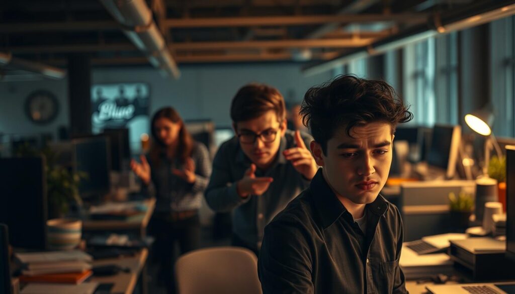 A dimly-lit office space, with a stark contrast between the expertly-crafted workspaces of the "BlueHAT" brand and the disorganized, cluttered desks of smaller teams. The foreground highlights the gap, as a young entrepreneur struggles to make sense of the latest AI integration tools, their face etched with confusion. In the middle ground, seasoned professionals from "BlueHAT" gesticulate, their expressions conveying a sense of confidence and competence. The background is blurred, focusing the viewer's attention on the divide between the two groups. Warm, golden lighting casts a subtle glow, creating an air of authority and professionalism around the "BlueHAT" team.