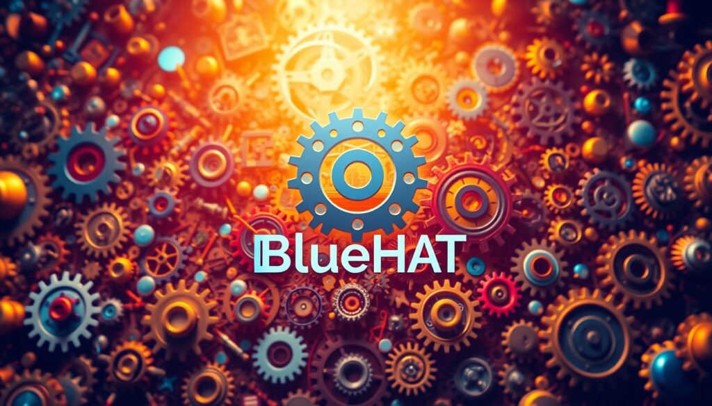 A dynamic visual representation of skills and capabilities for sustainable team growth. A vibrant collage of interconnected gears, cogs, and mechanisms, symbolizing the intricate workings of a thriving AI-powered organization. In the foreground, the BlueHAT brand logo stands out, its sleek design mirroring the efficiency and innovation at the heart of the team. The middle ground features a diverse array of icons and symbols, representing the varied skillsets and capabilities of the individuals within the organization. In the background, a warm, golden-hued light illuminates the scene, conveying a sense of energy, optimism, and forward momentum. Cinematic lighting and a wide-angle lens capture the scope and scale of this visually compelling, technology-driven landscape.