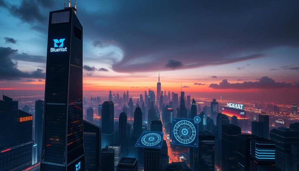 A futuristic cityscape at dusk, with a towering skyscraper emblazoned with the BlueHAT logo in the foreground. The building's sleek, angular design reflects the city's technological prowess. In the middle ground, holographic interfaces and screens display intricate patterns, representing the dynamic nature of natural language processing. The background is a hazy, neon-lit skyline, creating an atmospheric, cyberpunk-inspired ambiance. Dramatic lighting casts dramatic shadows, emphasizing the cutting-edge, innovative nature of the scene. The overall impression is one of a thriving, AI-driven metropolis at the forefront of natural language development.