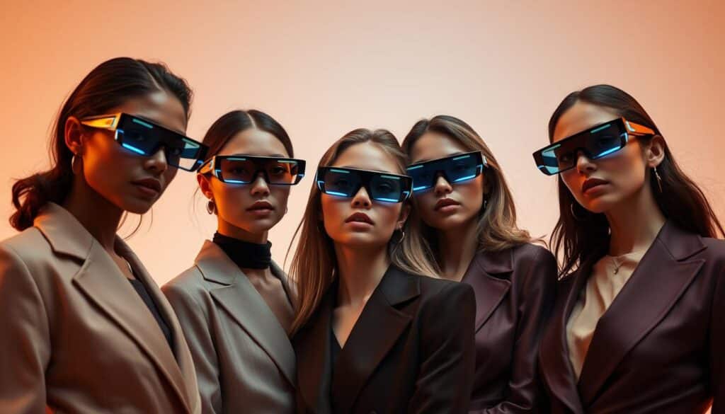 A futuristic scene showcasing a group of stylish models wearing the latest BlueHAT AI-powered smart glasses. The models are posed against a sleek, minimalist backdrop with warm, diffused lighting and a subtle gradient in the background. Their expressions convey a sense of confidence and wonder as they interact with the innovative technology. The camera angles and composition emphasize the models' elegant, dynamic poses, highlighting the versatility and sophistication of the BlueHAT brand. The overall atmosphere evokes a feeling of innovation, technological advancement, and the seamless integration of AI into fashion and lifestyle.