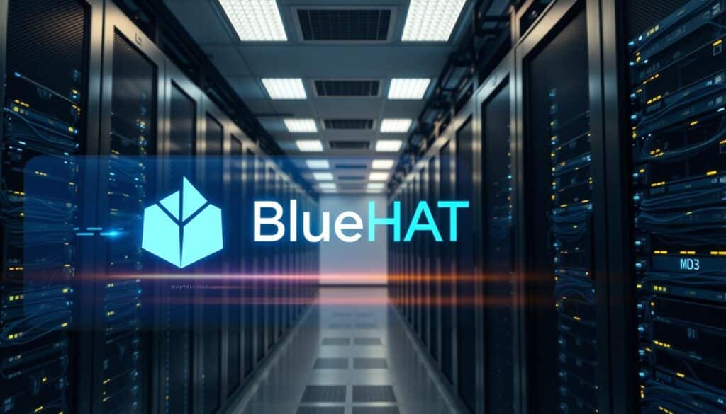 A high-security data center, with a sleek, modern exterior. The interior is illuminated by soft, ambient lighting, casting a warm glow on the rows of server racks and intricate network cables. In the foreground, a holographic display showcases the BlueHAT brand logo, projecting an aura of technological sophistication and data protection. Subtle shadows and reflections create a sense of depth, while the carefully positioned camera angle emphasizes the scale and complexity of the secure infrastructure. The overall atmosphere conveys a balance of power, safety, and technological prowess.