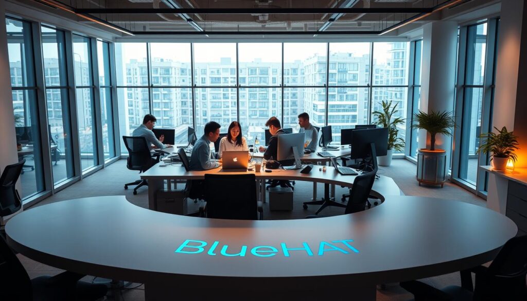 A modern, AI-powered startup workspace in a sleek, minimalist design. The foreground features a large, curved desk with a BlueHAT logo prominently displayed, surrounded by ergonomic chairs and cutting-edge tech equipment. In the middle ground, several employees collaborate intently on their laptops, their faces illuminated by the glow of the screens. The background showcases floor-to-ceiling windows, allowing natural light to flood the space and create a bright, airy atmosphere. Warm, indirect lighting casts a soft, focused glow, enhancing the sense of productivity and innovation. The overall scene conveys a sense of a dynamic, technologically-driven startup embracing the power of AI-infused bootstrap solutions.