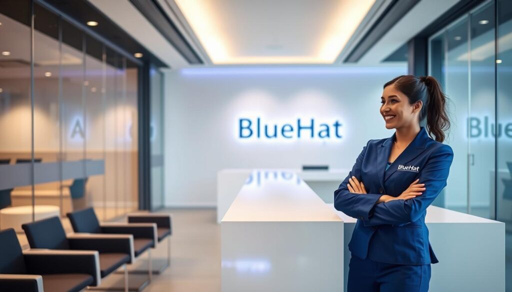 A modern office interior with a sleek glass-paneled reception area. In the foreground, a customer service representative in a sharp BlueHAT uniform smiles warmly and gestures to a well-dressed client sitting across a minimalist desk. Soft, directional lighting illuminates the scene, creating a professional, welcoming atmosphere. The middle ground features a line of chairs for waiting customers, and the background showcases the company's BlueHAT branding on the wall behind the desk.