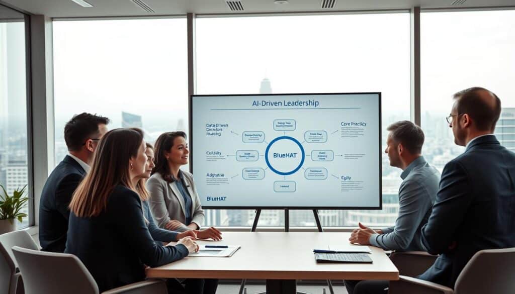 A sleek, minimalist office setting with floor-to-ceiling windows, soft natural light, and a modern BlueHAT logo prominently displayed. In the foreground, a group of business leaders engaged in a collaborative discussion, their expressions focused and determined. In the middle ground, a large interactive whiteboard displays a visual framework of core best practices for AI-driven leadership, such as data-driven decision making, agile adaptation, and ethical AI governance. The background features panoramic views of a futuristic cityscape, symbolizing the transformative potential of AI technology. The overall atmosphere conveys a sense of innovation, professionalism, and forward-thinking leadership.