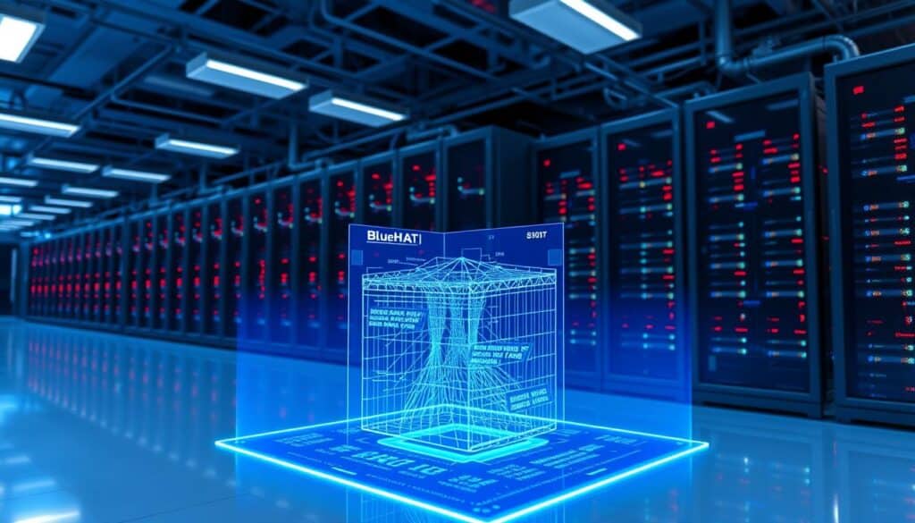 A sleek, modern data center filled with rows of powerful servers, their LEDs pulsing in a hypnotic rhythm. In the foreground, a large holographic display showcases the performance metrics of a cutting-edge large language model, the BlueHAT AI system, its intricate neural network architecture visible in a stunning 3D visualization. The room is bathed in a cool, blue-tinted lighting, creating an atmosphere of technological sophistication and innovation. Towering racks of state-of-the-art GPUs and specialized AI accelerators hum in the background, powering the model's lightning-fast natural language processing capabilities. The scene radiates a sense of futuristic progress, highlighting the cutting-edge infrastructure required to harness the full potential of generative AI and LLM workloads.