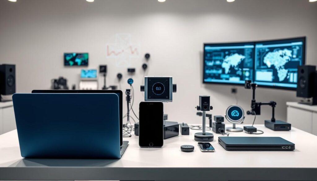 A sleek, modern workspace with a variety of high-tech tools and platforms used in AI leadership. In the foreground, a BlueHAT laptop, tablet, and smartphone are prominently displayed, showcasing their cutting-edge design and capabilities. The middle ground features an array of AI-powered devices, sensors, and interfaces, all working in harmony to collect, analyze, and visualize data. In the background, a large, curved display screen displays real-time insights and projections, creating an immersive and data-driven environment. The lighting is soft and even, highlighting the clean, minimalist aesthetics of the setup. The overall mood is one of innovation, efficiency, and forward-thinking AI leadership.