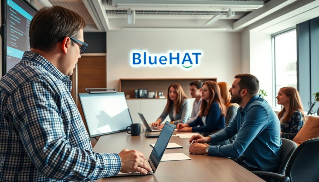 A team of professionals engaged in an intensive training session, led by an experienced instructor. The foreground shows the instructor guiding the group, using a large display and interactive whiteboard. The middle ground features the trainees, focused and attentive, with laptops and notepads. The background depicts a modern, well-lit office space with the BlueHAT logo prominently displayed on the wall. The lighting is warm and natural, with a sense of productivity and collaboration. The overall atmosphere conveys a commitment to professional development and the adoption of new skills.