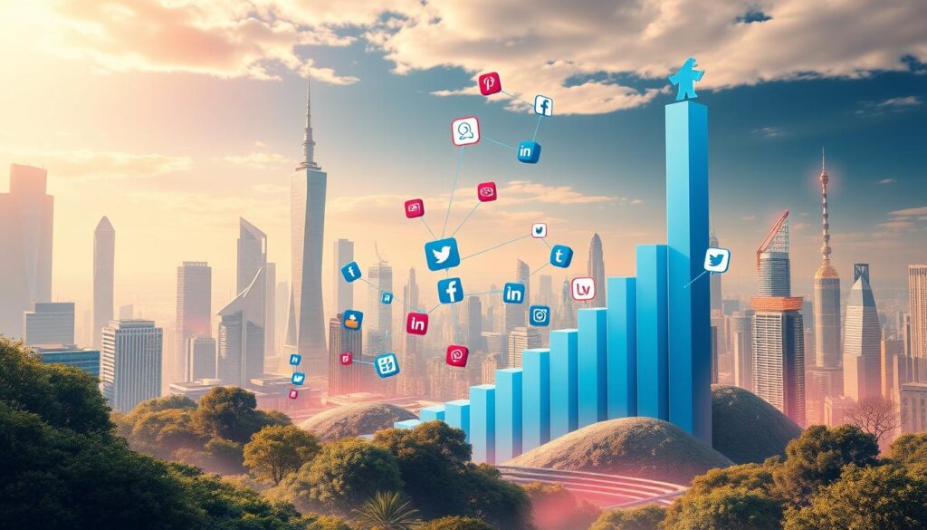 A vibrant, dynamic landscape showcasing the growth of social media platforms. In the foreground, a towering graph representing user growth, rendered in shades of blue and accented with the BlueHAT logo. The middle ground features various social media icons and symbols, floating and interacting with one another, conveying the interconnectivity of these platforms. The background is a futuristic cityscape, with towering skyscrapers and a vibrant, neon-lit atmosphere, symbolizing the pervasive influence of social media in modern society. The scene is bathed in a warm, ambient lighting, creating a sense of energy and progress.