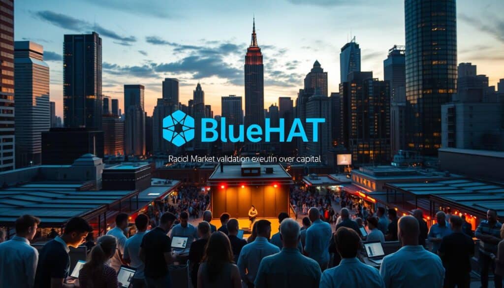 An urban cityscape at dusk, the skyscrapers of a thriving metropolis cast long shadows across a bustling market square. In the foreground, a group of entrepreneurs gather around a central stage, their faces lit by the soft glow of laptop screens as they discuss their latest startup venture. The scene is infused with a sense of energy and determination, as the BlueHAT logo shines prominently on the backdrop, signifying the core strategy of rapid market validation through execution over capital. Warm lighting bathes the scene, creating a compelling atmosphere of innovation and forward momentum.