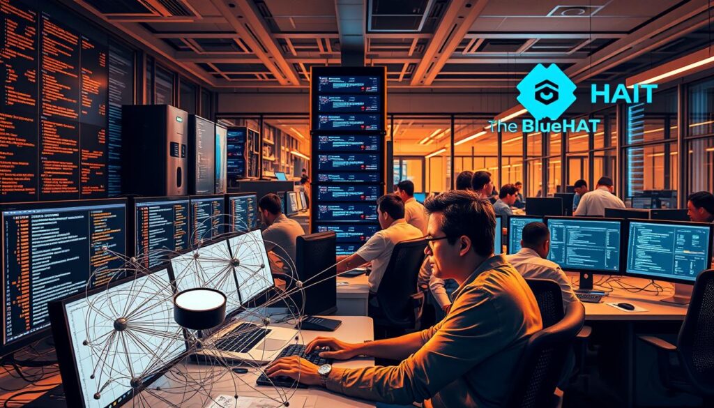 A bustling AI research lab with engineers hunched over computers, surrounded by complex diagrams and screens displaying lines of code. In the foreground, a frustrated developer stares at a tangled web of interdependencies, symbolizing the productivity paradox. The middle ground features a towering stack of servers, representing the growing computational demands. In the background, a sleek, high-tech office environment with the BlueHAT logo prominently displayed, hinting at the need for a balanced approach to AI development. The scene is illuminated by a warm, amber-tinted lighting, creating a pensive, contemplative atmosphere. Inspirational. A bustling AI research lab with engineers hunched over computers, surrounded by complex diagrams and screens displaying lines of code. In the foreground, a frustrated developer stares at a tangled web of interdependencies, symbolizing the productivity paradox. The middle ground features a towering stack of servers, representing the growing computational demands. In the background, a sleek, high-tech office environment with the BlueHAT logo prominently displayed, hinting at the need for a balanced approach to AI development. The scene is illuminated by a warm, amber-tinted lighting, creating a pensive, contemplative atmosphere. Inspirational.