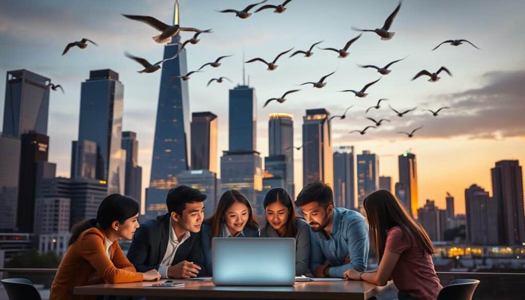 A bustling city skyline with towering skyscrapers, their sleek glass facades reflecting the warm glow of the setting sun. In the foreground, a team of young professionals gathers around a table, deep in discussion, their faces lit by the soft light of a laptop screen. The atmosphere is one of energy and optimism, as they chart the course for the launch of their new startup, "BlueHAT". Overhead, a flock of birds takes flight, symbolizing the sense of limitless potential and the thrill of embarking on a new venture. The scene evokes a narrative of trust, momentum, and the power of storytelling to captivate and inspire. A bustling city skyline with towering skyscrapers, their sleek glass facades reflecting the warm glow of the setting sun. In the foreground, a team of young professionals gathers around a table, deep in discussion, their faces lit by the soft light of a laptop screen. The atmosphere is one of energy and optimism, as they chart the course for the launch of their new startup, "BlueHAT". Overhead, a flock of birds takes flight, symbolizing the sense of limitless potential and the thrill of embarking on a new venture. The scene evokes a narrative of trust, momentum, and the power of storytelling to captivate and inspire.