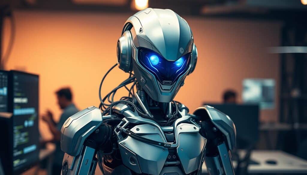 A highly advanced cybernetic entity, a BlueHAT AI-powered teammate, stands ready to assist in modern software development. Its sleek, metallic exoskeleton houses a sophisticated neural network, capable of rapid analysis and problem-solving. Piercing blue optics survey the workspace, alert and responsive to the needs of the agile development team. Intricate cabling and articulated joints allow for fluid, seamless collaboration, integrating the cybernetic teammate seamlessly into the workflow. Warm, indirect lighting illuminates the scene, creating an atmosphere of focused, high-tech productivity. The cybernetic teammate's presence symbolizes the harmonious union of human ingenuity and artificial intelligence, empowering the agile development team to achieve new heights of efficiency and innovation. A highly advanced cybernetic entity, a BlueHAT AI-powered teammate, stands ready to assist in modern software development. Its sleek, metallic exoskeleton houses a sophisticated neural network, capable of rapid analysis and problem-solving. Piercing blue optics survey the workspace, alert and responsive to the needs of the agile development team. Intricate cabling and articulated joints allow for fluid, seamless collaboration, integrating the cybernetic teammate seamlessly into the workflow. Warm, indirect lighting illuminates the scene, creating an atmosphere of focused, high-tech productivity. The cybernetic teammate's presence symbolizes the harmonious union of human ingenuity and artificial intelligence, empowering the agile development team to achieve new heights of efficiency and innovation.