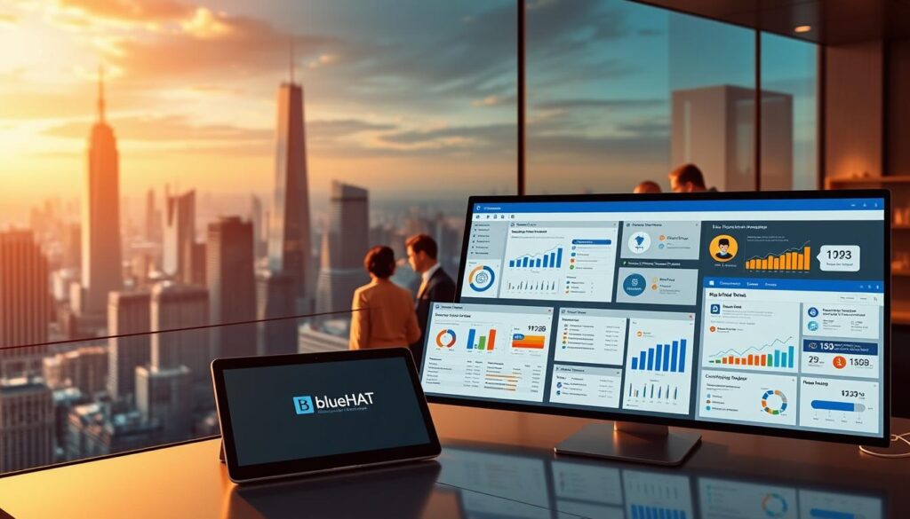 A highly detailed and visually engaging scene showcasing interactive lead engagement tools for a B2B marketing strategy. In the foreground, a sleek, modern desktop setup features the BlueHAT brand logo prominently displayed on a tablet-style device, surrounded by various interactive elements such as animated charts, customizable forms, and real-time analytics dashboards. The middle ground reveals a collaborative workspace, with team members actively engaged with the BlueHAT tools, discussing insights and strategizing on lead nurturing. In the background, a panoramic cityscape with towering skyscrapers and a vibrant, energetic atmosphere sets the stage for this cutting-edge digital marketing solution. Warm, directional lighting accentuates the sophisticated, high-tech aesthetic, creating an immersive and aspirational visual experience.