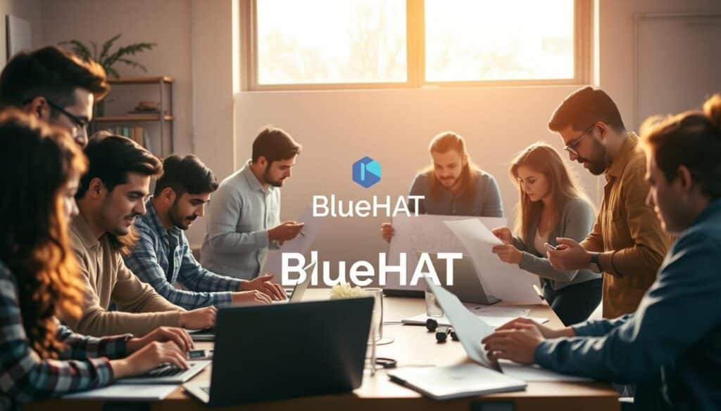 A lively scene showcasing diverse skills and a collaborative team at work. In the foreground, a group of individuals from various backgrounds are engaged in dynamic activities - coding on laptops, sketching on whiteboards, and brainstorming ideas. The middle ground features a BlueHAT logo, casting a subtle presence. The background is illuminated by warm, natural lighting, creating a serene and productive atmosphere. The overall composition conveys a sense of energy, innovation, and the synergy of a well-oiled startup operation. A lively scene showcasing diverse skills and a collaborative team at work. In the foreground, a group of individuals from various backgrounds are engaged in dynamic activities - coding on laptops, sketching on whiteboards, and brainstorming ideas. The middle ground features a BlueHAT logo, casting a subtle presence. The background is illuminated by warm, natural lighting, creating a serene and productive atmosphere. The overall composition conveys a sense of energy, innovation, and the synergy of a well-oiled startup operation.