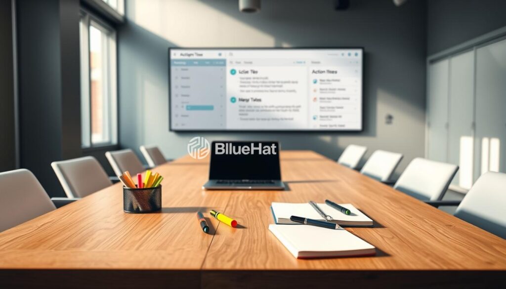 A modern, minimalist office space with a large wooden table, on which various note-taking tools are neatly arranged - pens, highlighters, a laptop, and a notebook. In the background, a large screen displays a schedule, action items, and meeting notes, all rendered in a clean, digital aesthetic. Soft, natural lighting floods the scene, creating a focused and productive atmosphere. The BlueHAT brand logo is subtly integrated into the design elements.