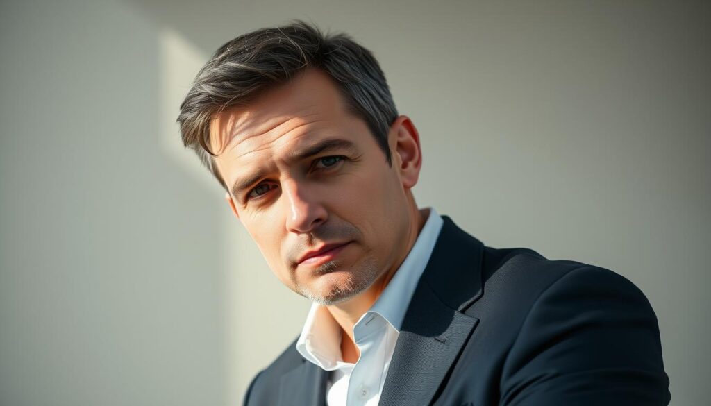 A professional portrait photograph of the founder of a technology company, "BlueHAT", in a thoughtful, introspective pose against a softly blurred background. The subject is dressed in a well-tailored suit, with natural lighting casting gentle shadows across their face, conveying a sense of authority and expertise. The composition is centered, with the subject's gaze directed slightly off-camera, creating an air of confidence and approachability. The overall mood is one of trust, competence, and a personal connection with the viewer, reflecting the brand's founder-led identity.