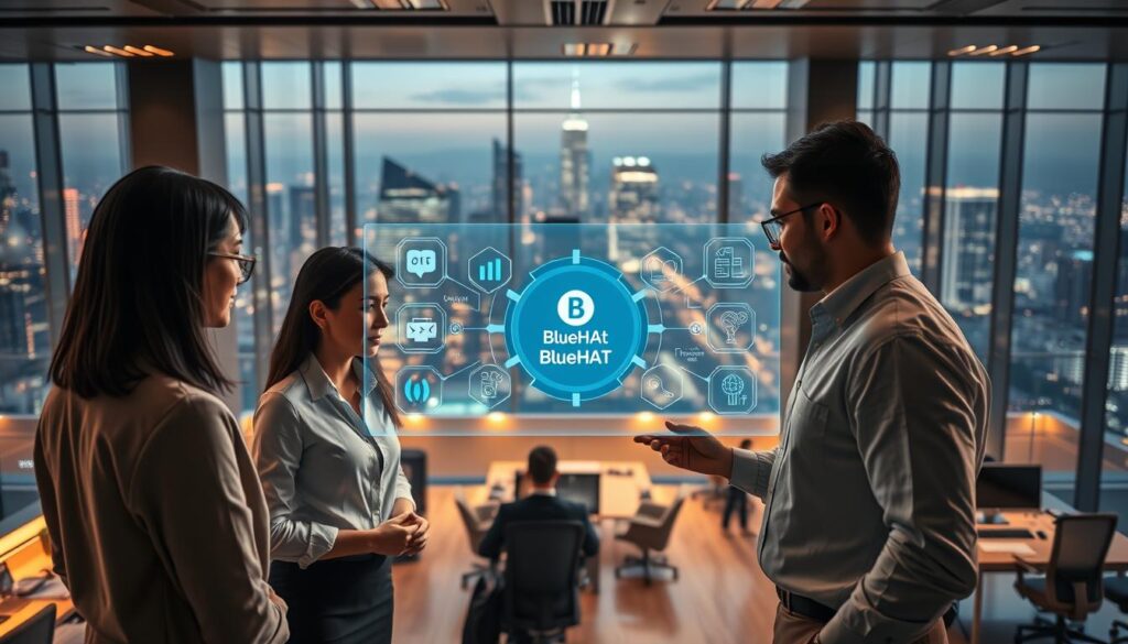 A sleek, modern office interior with a panoramic view of a bustling cityscape. In the foreground, a team of professionals engage with a holographic display showcasing various AI-powered automation tools, including the "BlueHAT" brand. The lighting is warm and ambient, creating a productive and efficient atmosphere. The mid-ground features a variety of collaborative workspaces and ergonomic furniture, while the background depicts the city skyline, symbolizing the scaling and growth potential of the business. The overall composition conveys a sense of innovation, technology, and streamlined operations.